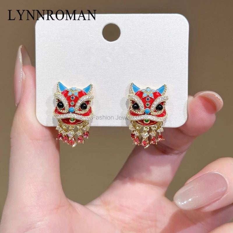 Chinese Lion Dance Enamel Stud Earrings Zircon Accents