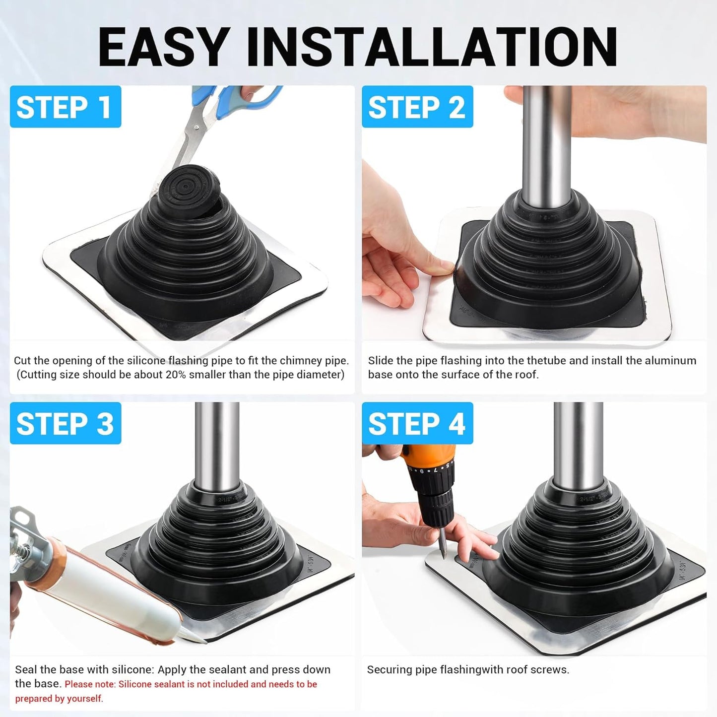 #3 High Temp Silicone Metal Roof Pipe Flashing Boot - Roof Vent Boot for Pipe OD
