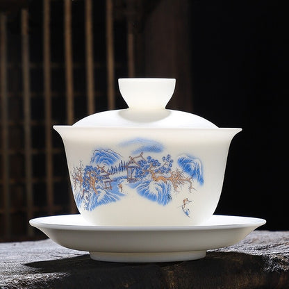 Jade Porcelain Gaiwan Hand Drawing Boutique Tureen Cup Saucer Lid Sancai Bowl