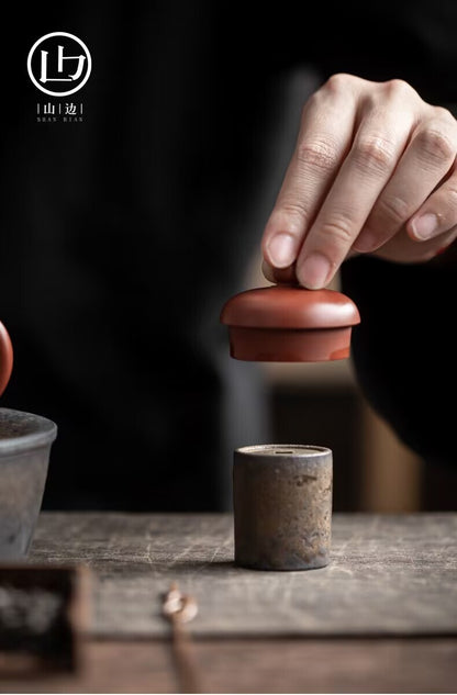 1pc Ceramic Copper Coin Cover Purple Clay Pot Cover Holder Kung Fu Tea Utensils