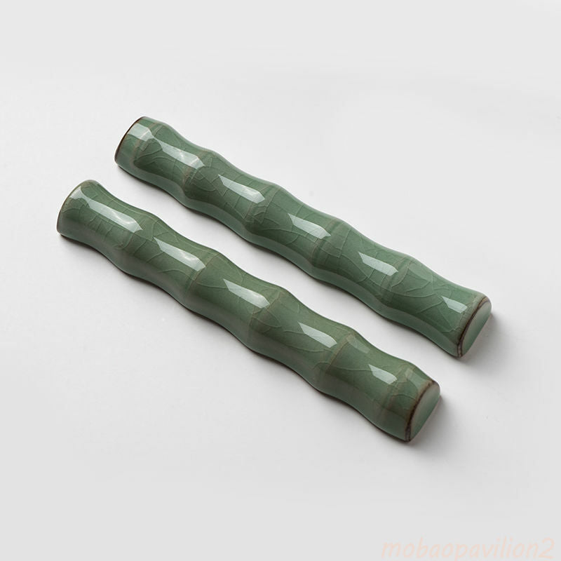 2 Pcs Bamboo Longquan Celadon Ceramics Paperweights Brush Rest Calligraphy Tool