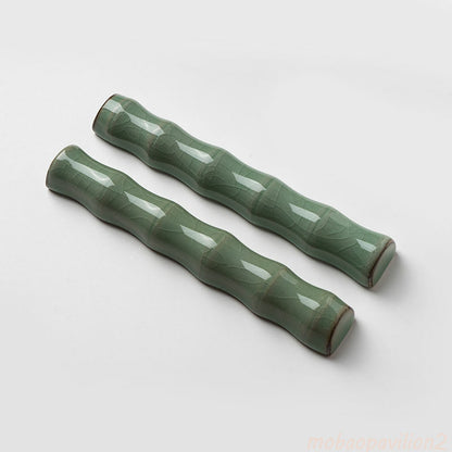 2 Pcs Bamboo Longquan Celadon Ceramics Paperweights Brush Rest Calligraphy Tool