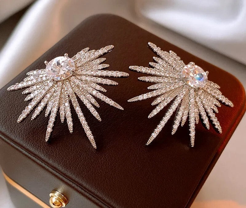 Starburst Crystal Silver Stud Earrings Spike Earrings New Luxury High Quality