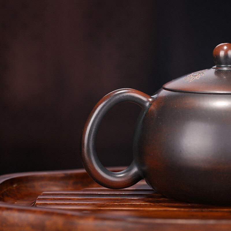 Pottery Tea Pot With Ball Shaped Infuser Holes Dragon Carved Handmade Xishi Pot