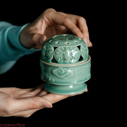 Yue Kiln Celadon Incense Holder Elegant Relief Scented Tea Ceremony Home Decor