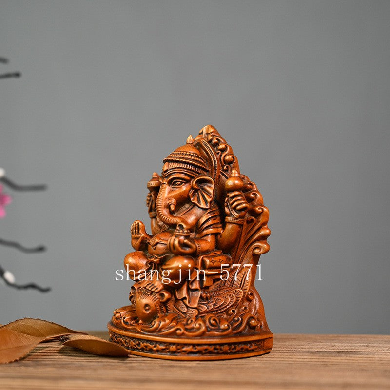 4.5" Boxwood Carved Hindu Elephant God Statue Ganesha Ganesh Figure Shrine Decor