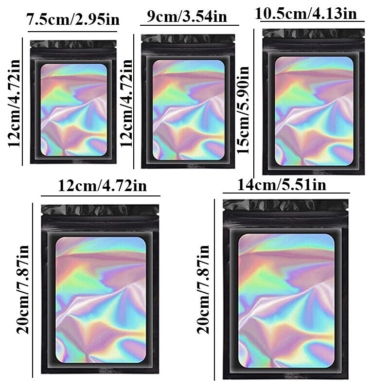 100pcs Smell Proof Mylar Bags Holographic Resealable Packaging Foil Pouch Bag*