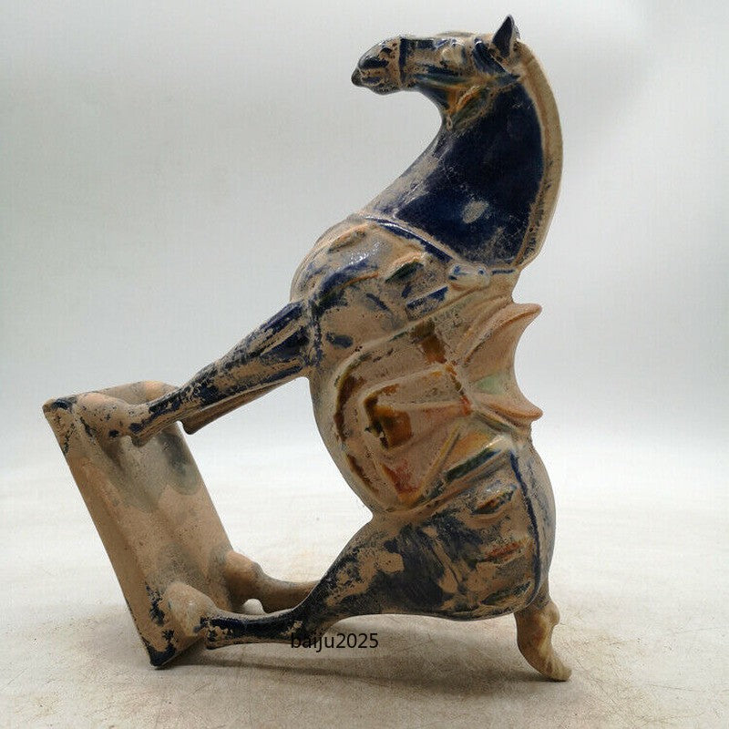 9.1" Chinese Tang Sancai Pottery Ancient War-horse Statue Fengshui Decor