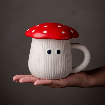 Ceramic Red Mushroom Mug with Lid, Umbrella Cover Lid Coffee Cup with Handle