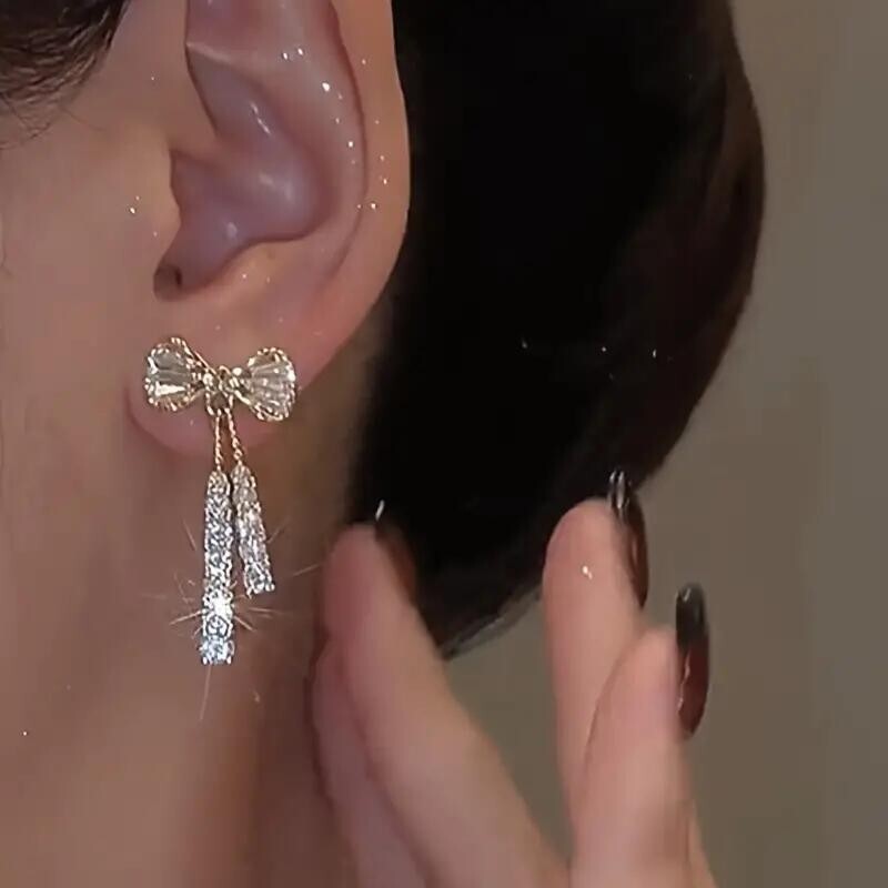 Women Bow Zircon Crystal Earrings Shinny Fashion Gift Trendy Sparkling Stylish