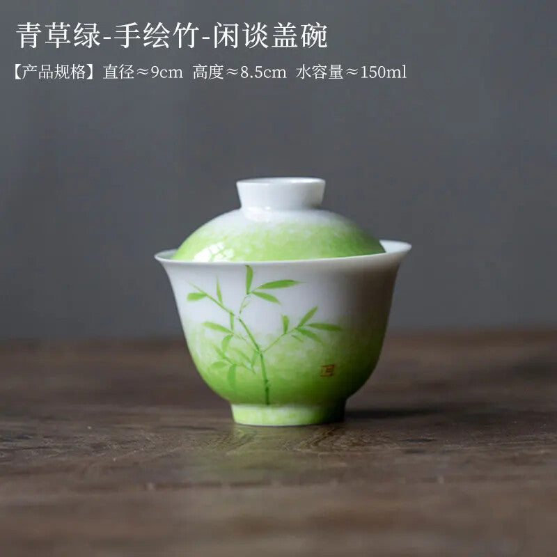 150ml Chinese Retro Grass Green Ceramic Tea Tureen Hand Painted Bamboo Tea Bowl