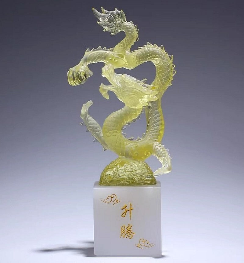 9" Chinese Liu Li Feng Shui Decor Crystal Dragon Statue Office