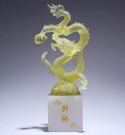 9" Chinese Liu Li Feng Shui Decor Crystal Dragon Statue Office