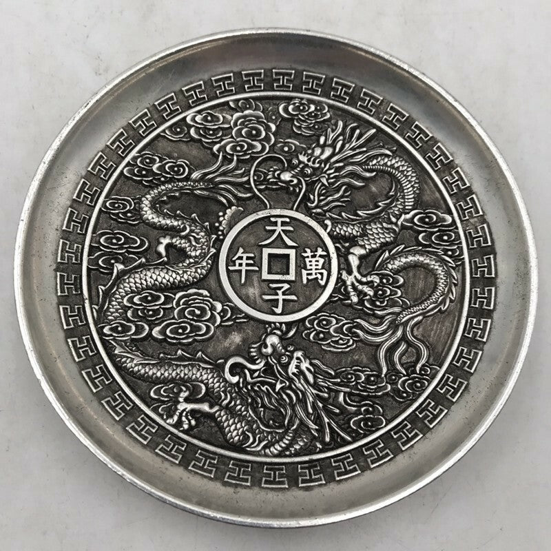 Exquisite Chinese tibet silver handcarved double Dragon plate decoration
