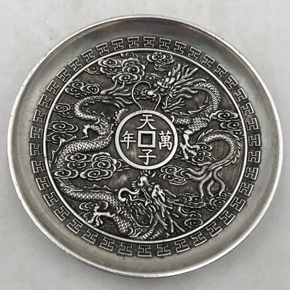 Exquisite Chinese tibet silver handcarved double Dragon plate decoration
