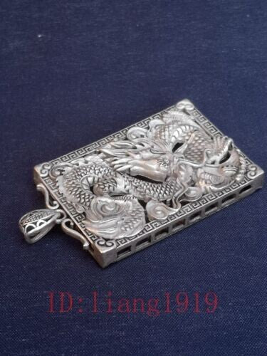 Chinese Tibet Silver Carving Dragon Statue necklace Pendant Collection gift