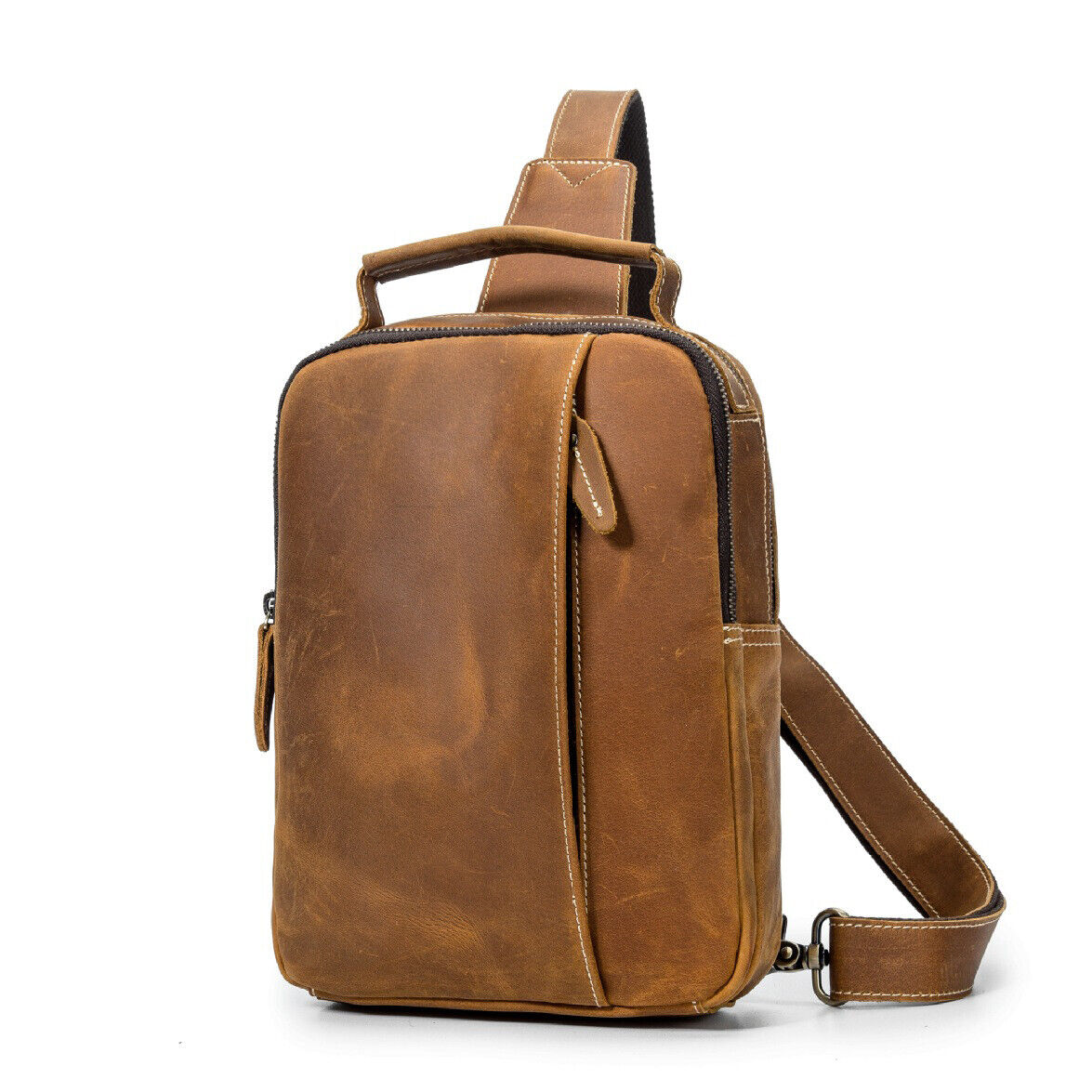Men's Sling Backpack Crazy Horse Leather Large Capacity Chest Bag Crossbody Bag