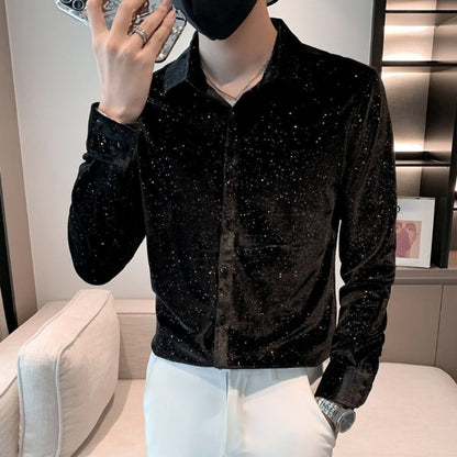 Mens Glitter Velvet Blouse Shirt Top Pleuche Slim Long Sleeve Fashion Costume