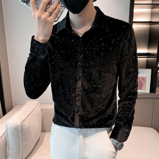 Mens Glitter Velvet Blouse Shirt Top Pleuche Slim Long Sleeve Fashion Costume