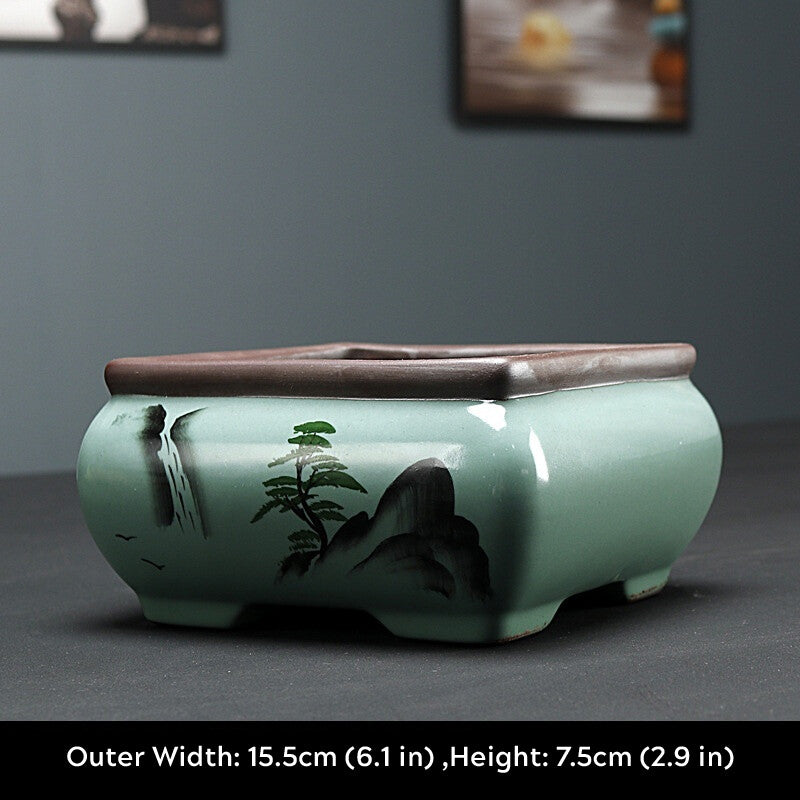 Bonsai Pot 4" Square Chinese Art Glazed High Quality Teal Ceramic Planter small