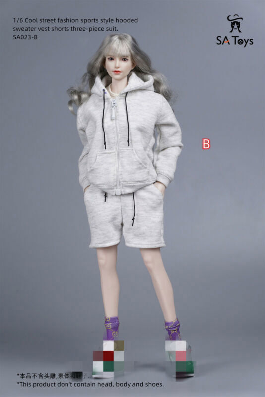 1/6 Female Sports Style Hooded Sweatshirt Tank Top Shorts F 12”ph Action Body