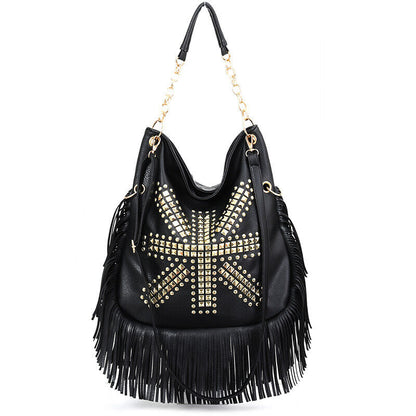 Celela Bohemian Style Retro Fashion Trend Rivets Leather Tassel Shoulder Bag