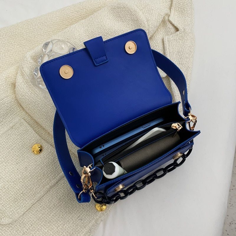 Synthetic Leather Flap Crossbody Handbag Small Shoulder Purse 19*7.5*14.5CM Blue