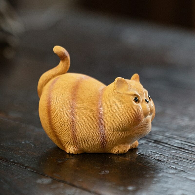Chinese Sculpture Purple Clay Tea Pet Small Cat Statue Handmade Tea Set Decor