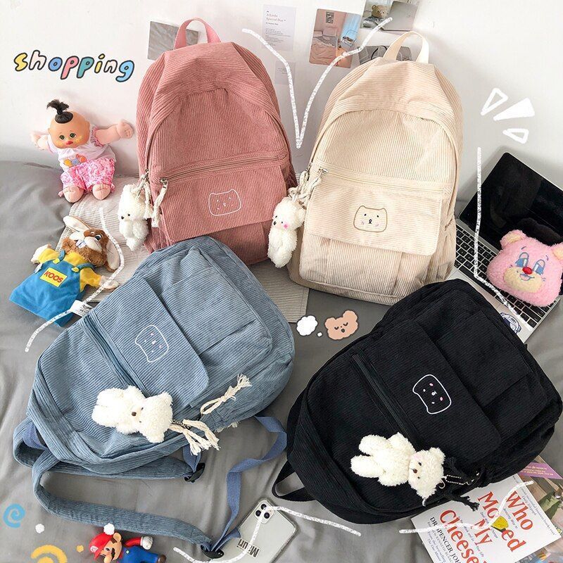 Corduroy Backpack Student Schoolbag Traveling Shoulder Bags 29*12*41cm Pink Blue