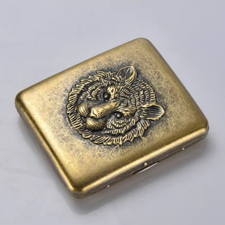 Hand Carved Tiger Cigarette Case Antique Metal for 20