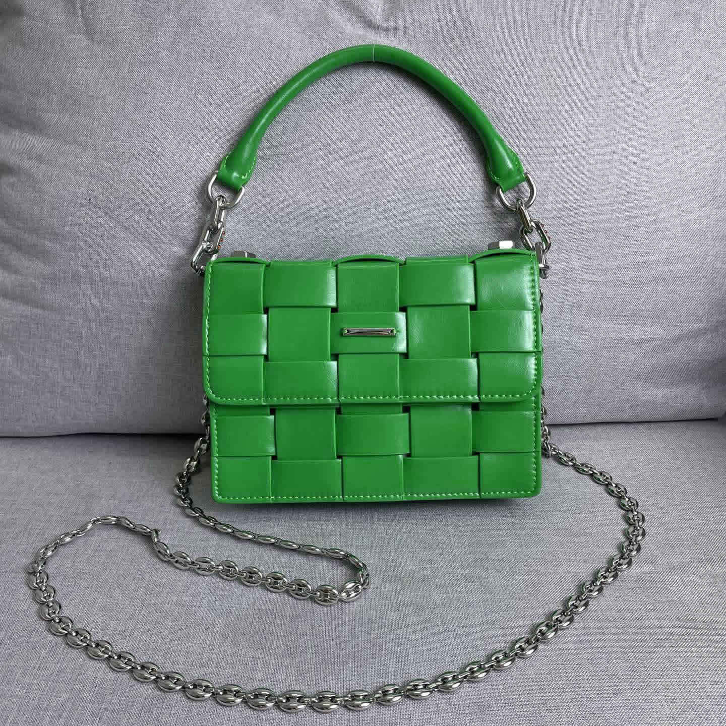Woven Leather Small Flap Purse Chains Satchel Mini Tote Crossbody Shoulder Bag