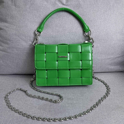 Woven Leather Small Flap Purse Chains Satchel Mini Tote Crossbody Shoulder Bag