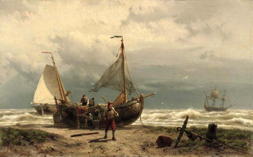 Art Oil painting Johannes+Hermanus+Koekkoek-Unloading+The+Catch sail boats