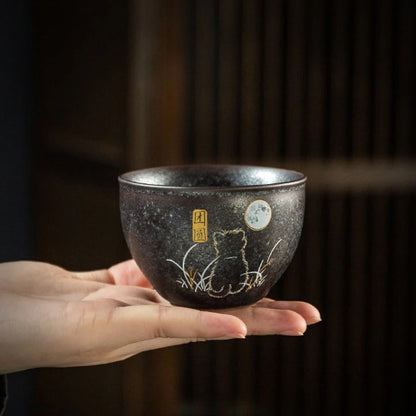 Lovely Cat Black Ceramic Tea Cup Asia Tea Cup for Tea Lover 140ml