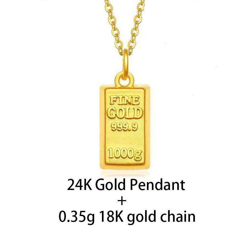 Real 24k Pure 999 Gold Pendant Necklace Luxury Gold Bricks Design Pure Chain