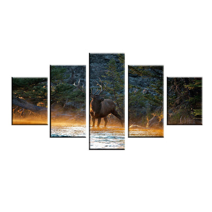5 Pieces Animal Deer In Forest Stream Elk Sunset Landscape Paintings HD Prints