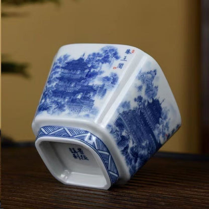 Chinese Jingdezhen Porcelain Blue and White Square Tea Cup：four Tower Decor