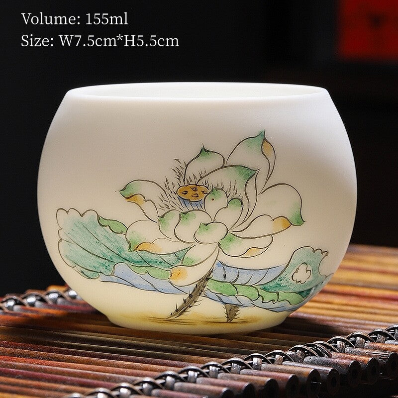 Boutique Hand Painted Tea Cup Fat Mutton Jade Porcelain Master Cup Chinese Cup