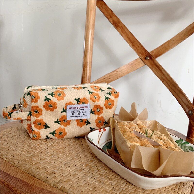Corduroy Plaid Flower Cosmetic Lipstick Case Travel Makeup Bag 17*10*7/25*18*5CM