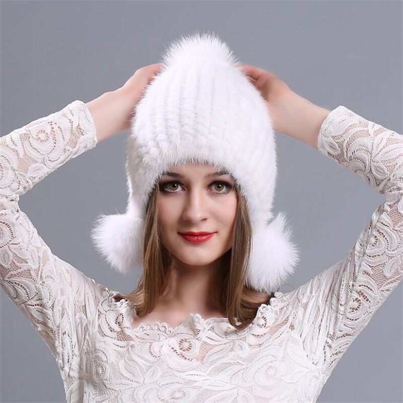Winter Graceful Women Mink Fur Hats Real Knitted Fur Caps with Fox Fur Earflaps