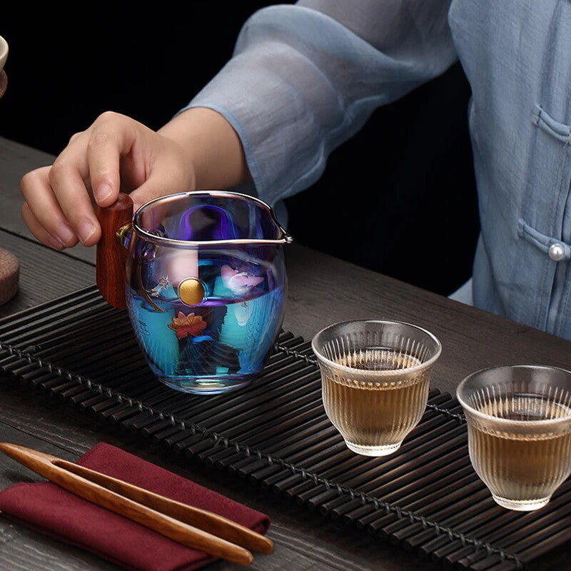 350ml 5.3" Glass Wood Handle Color Burn Thickened Glass Side Handle Cup Tea Set