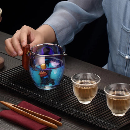 350ml 5.3" Glass Wood Handle Color Burn Thickened Glass Side Handle Cup Tea Set