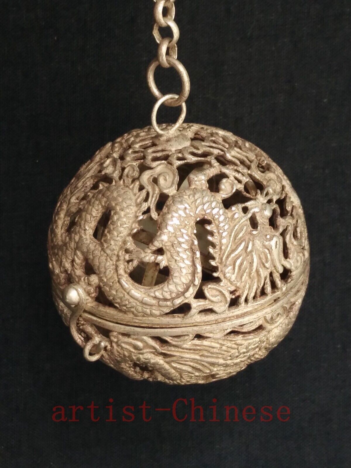 Collection Old China Tibet Silver Carving Dragon Phoenix Aromatherapy Decoration