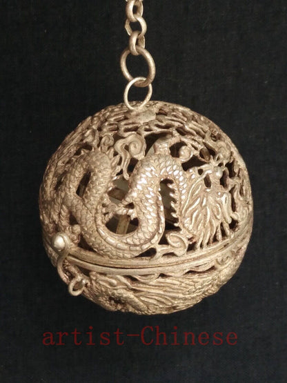 Collection Old China Tibet Silver Carving Dragon Phoenix Aromatherapy Decoration