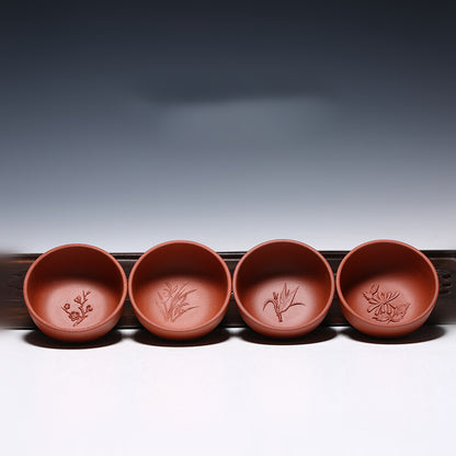 4 Tea Cups 50ml Handmade Bamboo Relief China Yixing Zisha Kungfu Tea Cup Marked