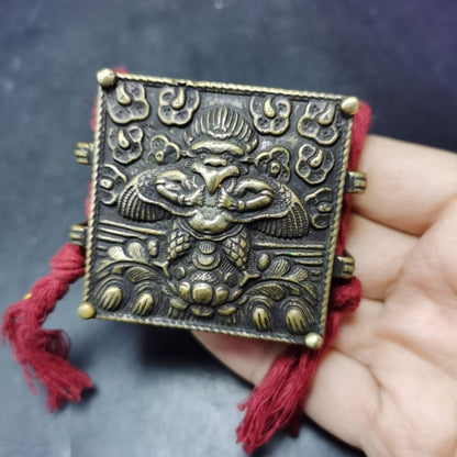 Vintage Tibetan Brass Gau Box Garuda Double Vajra Amulet 5.8×2.2cm
