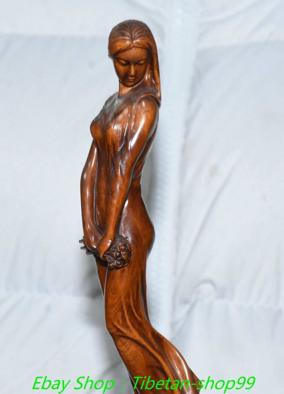 7.1''Old Chinese Boxwood Carving Beauty Beautiful Belle Statue Sculpture