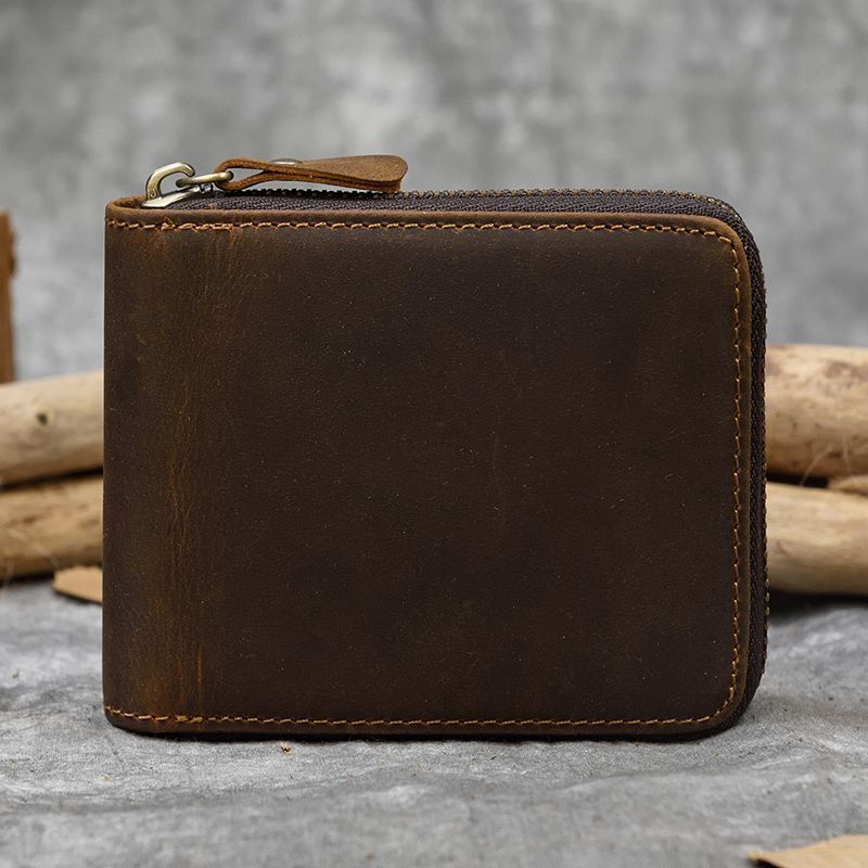 Real Leather Coin Wallet Zip Men Women Short Wallet Purse Zipper Brown Small