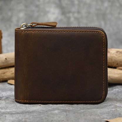 Real Leather Coin Wallet Zip Men Women Short Wallet Purse Zipper Brown Small
