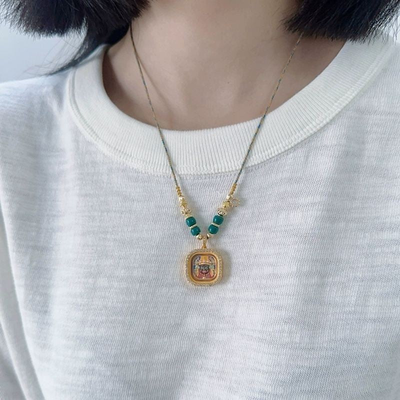 Tibetan Zajilamu Thangka Pendant Handwoven Necklace